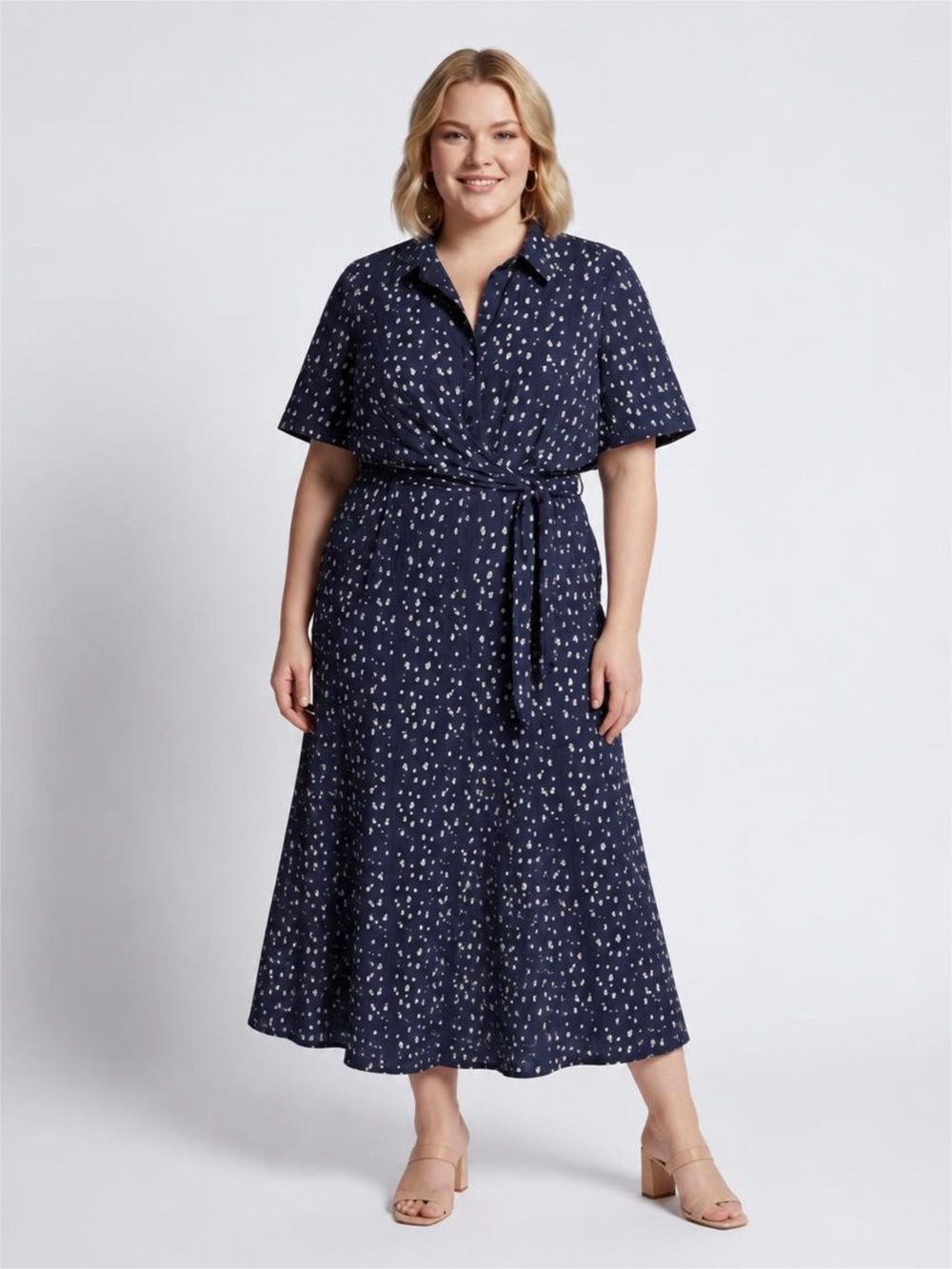 Lane Bryant Navy Blue Printed Tie-Waist Maxi Dress